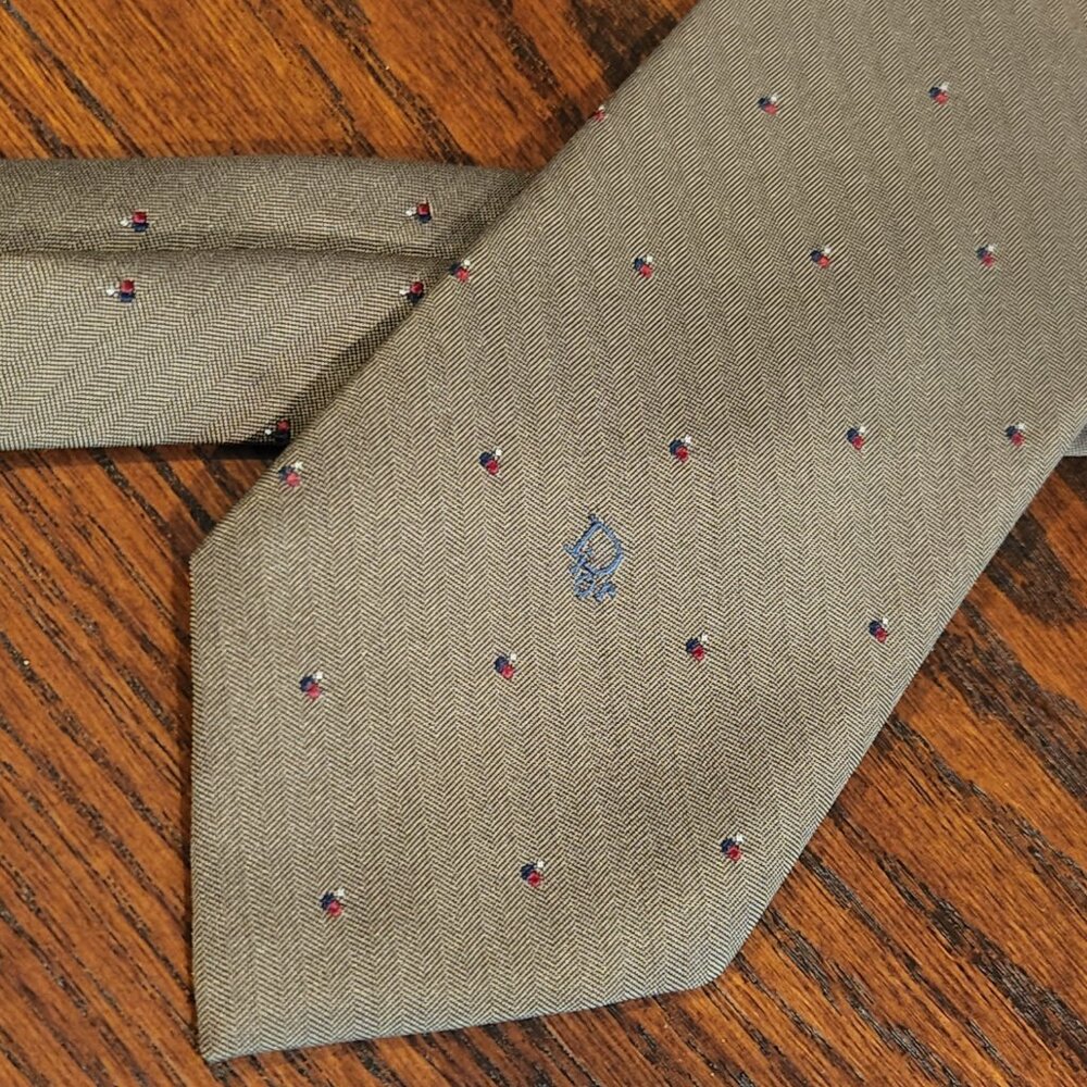 Vintage Christian Dior Logo Men’s Tie Taupe w/ White Diamond Dot Blue Dash Marks - Picture 2 of 5